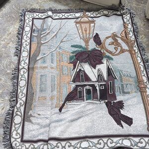Vintage Christmas Cardinal Winter Village Scene Woven Tapestry Throw Blanket